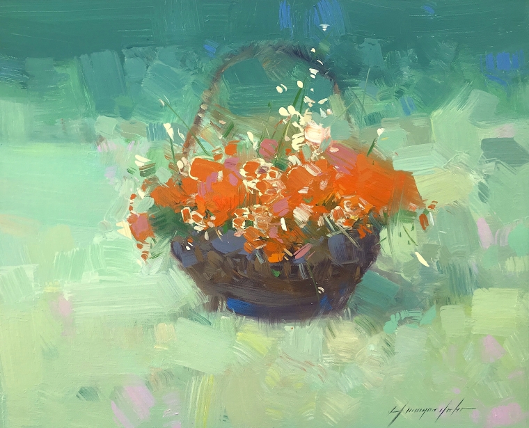Basket of Flowers, Original oil Painting, Handmade artwork, One of a Kind      